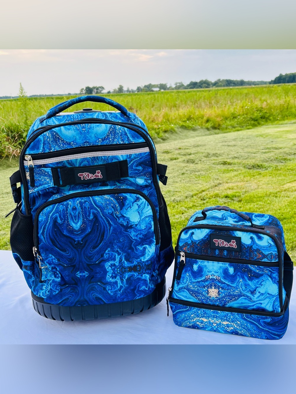 Rolling Backpack Lunch Bag Set Blue Wave Wheeled Laptop School Travel 19" Unisex - Picture 1 of 14